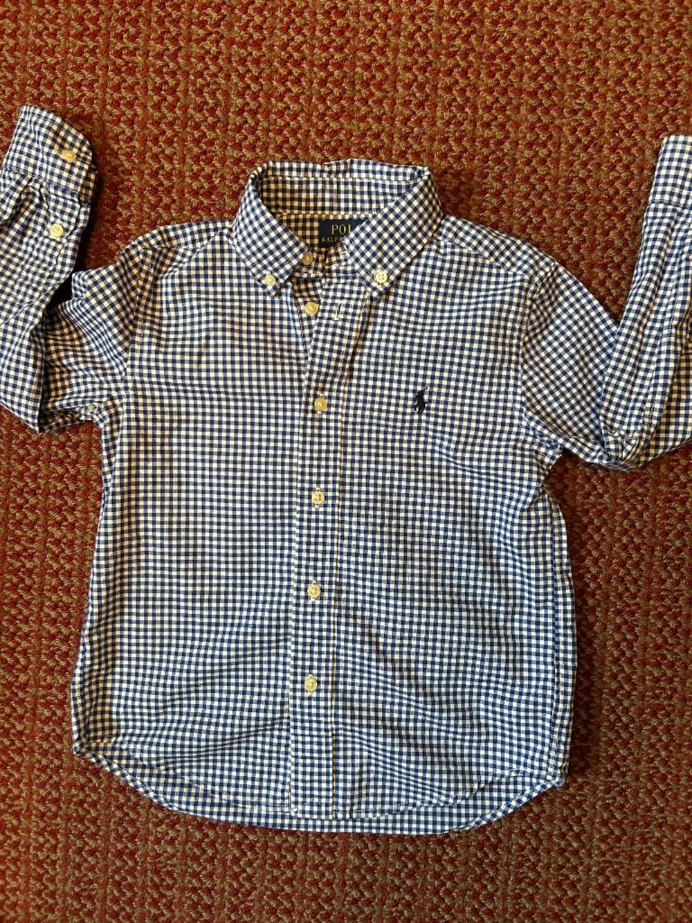 RALPH LAUREN POLO Boys Button Down Navy Blue and White Checked Shirt